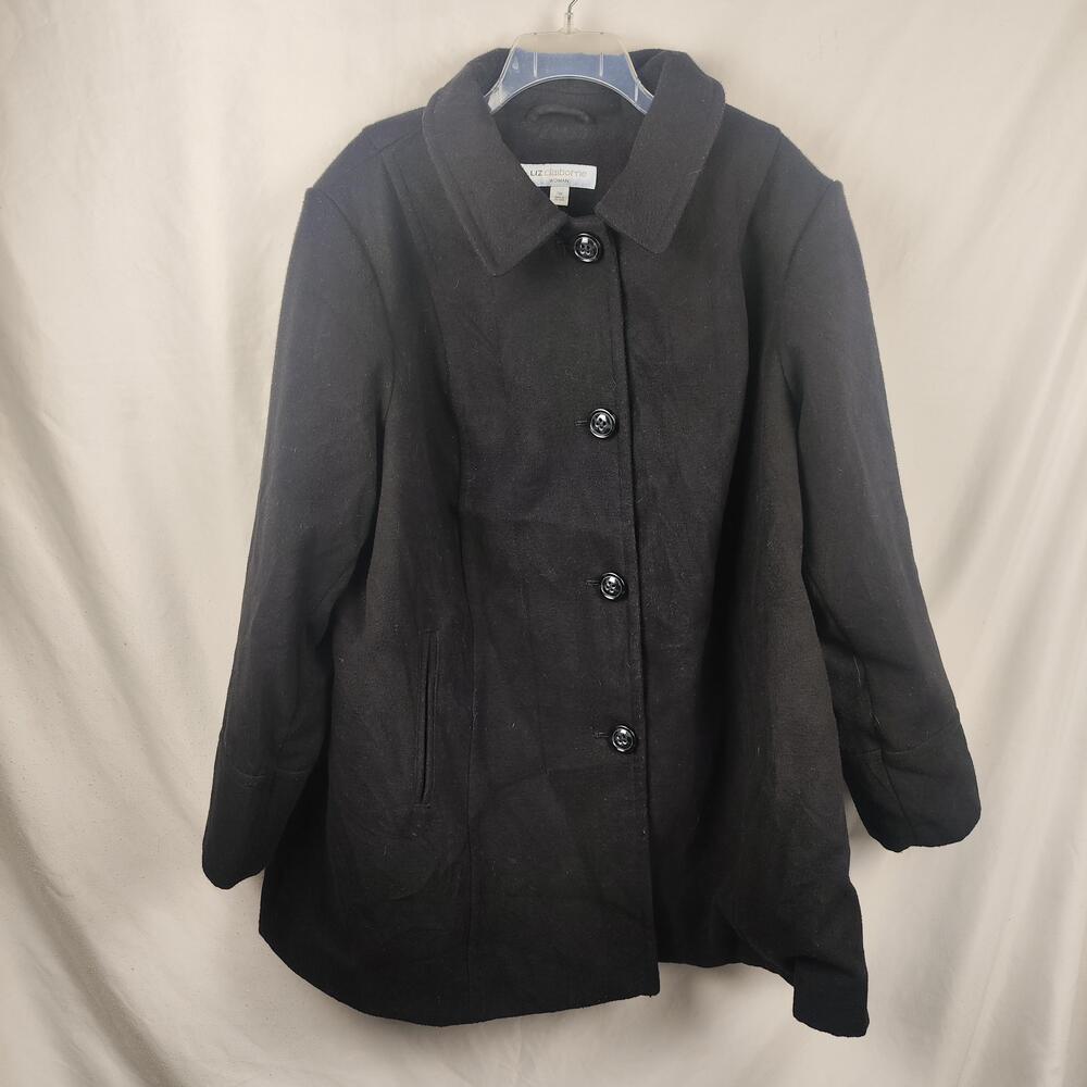 Liz Claiborne Coat Womens 3X Black Wool Mid Length Button Front Pockets Lined